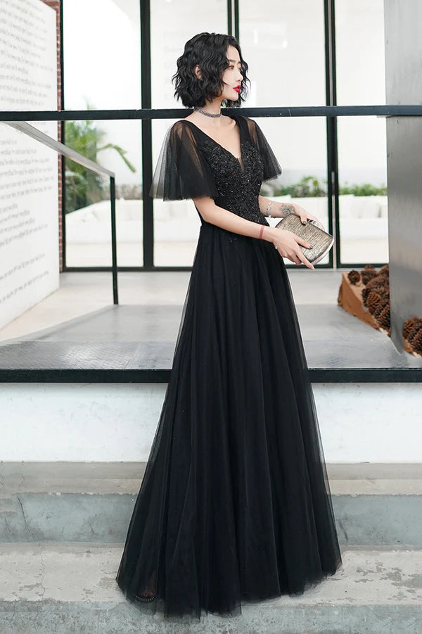 Black V-Neck Tulle Long Prom Dress Black A-Line Formal Evening Dress