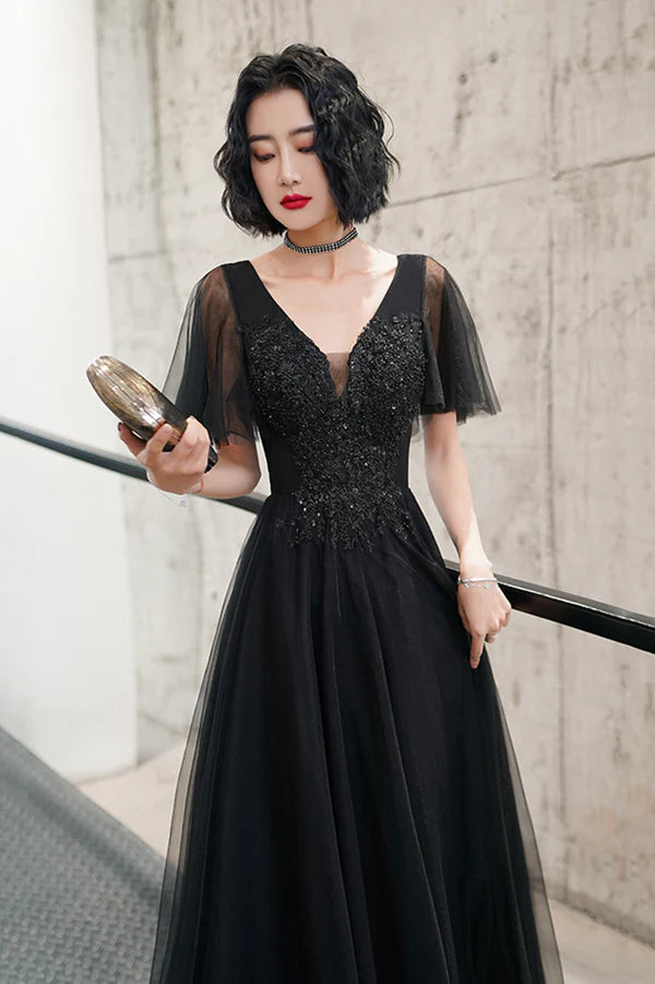 Black V-Neck Tulle Long Prom Dress Black A-Line Formal Evening Dress