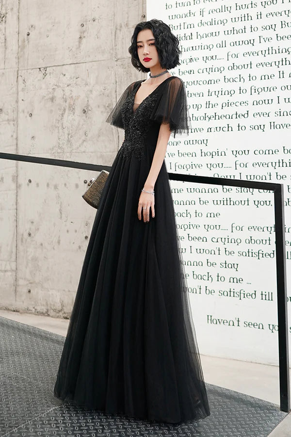 Black V-Neck Tulle Long Prom Dress Black A-Line Formal Evening Dress