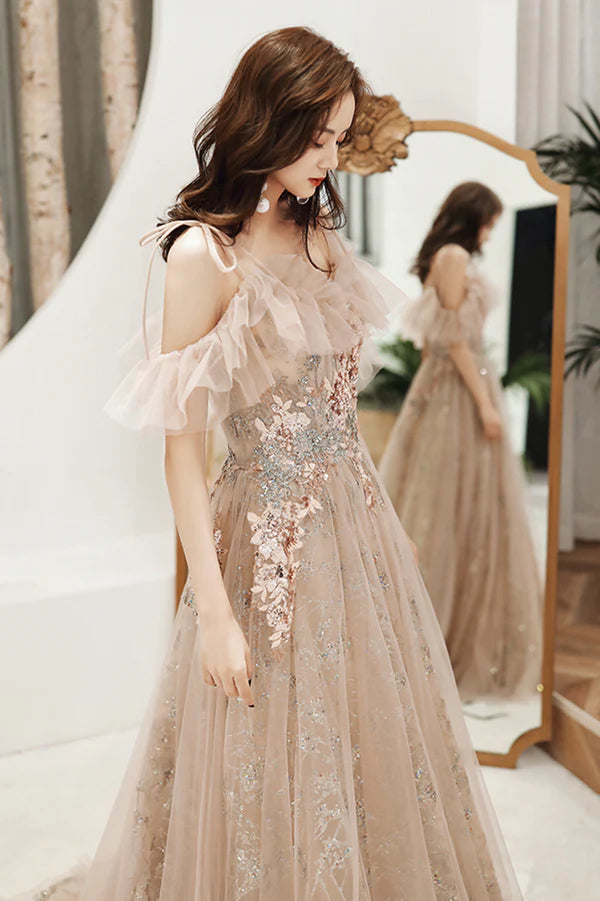 A-Line Tulle Off the Shoulder Prom Dress Cute Evening Party Dress