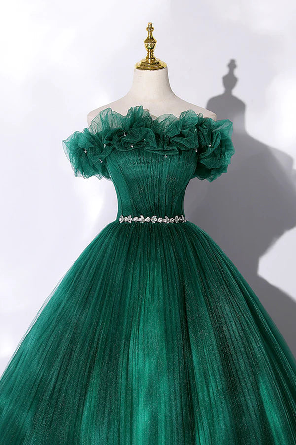 Off the Shoulder Tulle Long Prom Dress Green A-Line Evening Graduation Dress