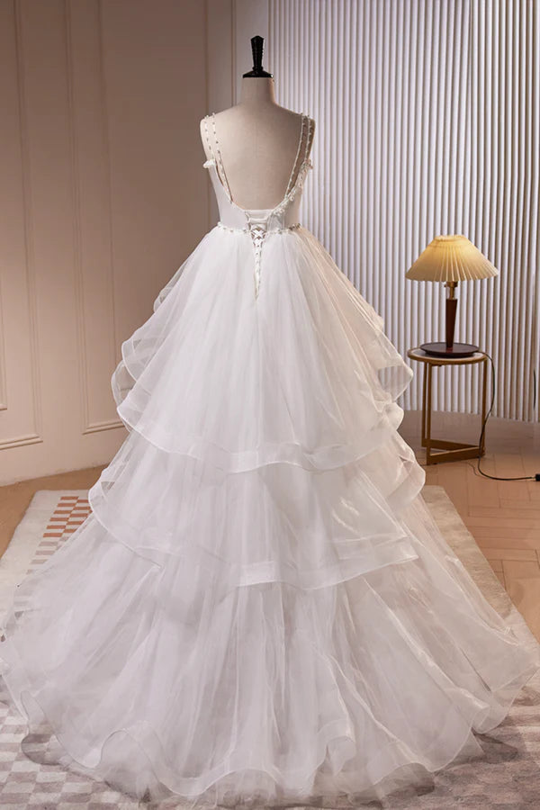 White V-Neck Tulle Long Prom Dress A-Line Evening Dress with Train