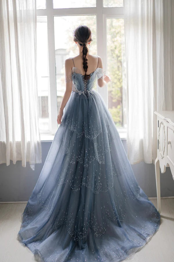 Blue Tulle Beaded Long A-Line Prom Dress Blue Formal Evening Gown