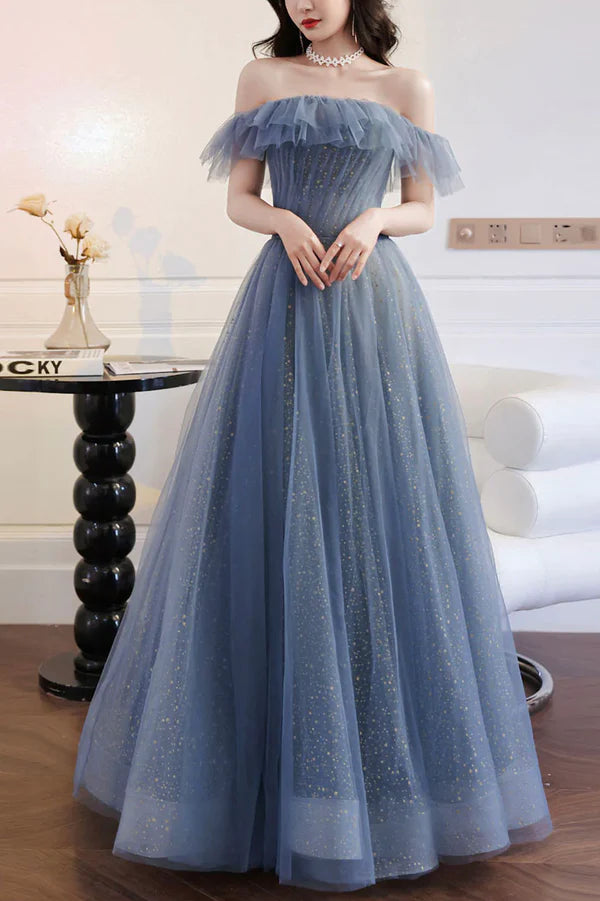 Blue Tulle Off Shoulder Long Formal Dress with Bow A-Line Evening Gown