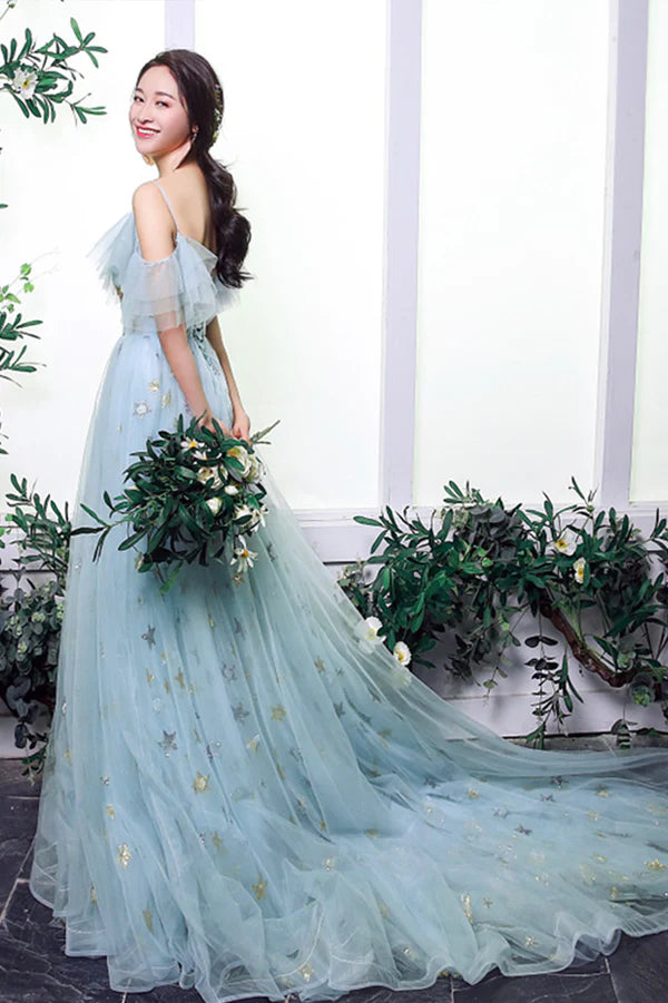 Blue Tulle Long A-Line Prom Dress with Stars Off the Shoulder Evening Party Dress