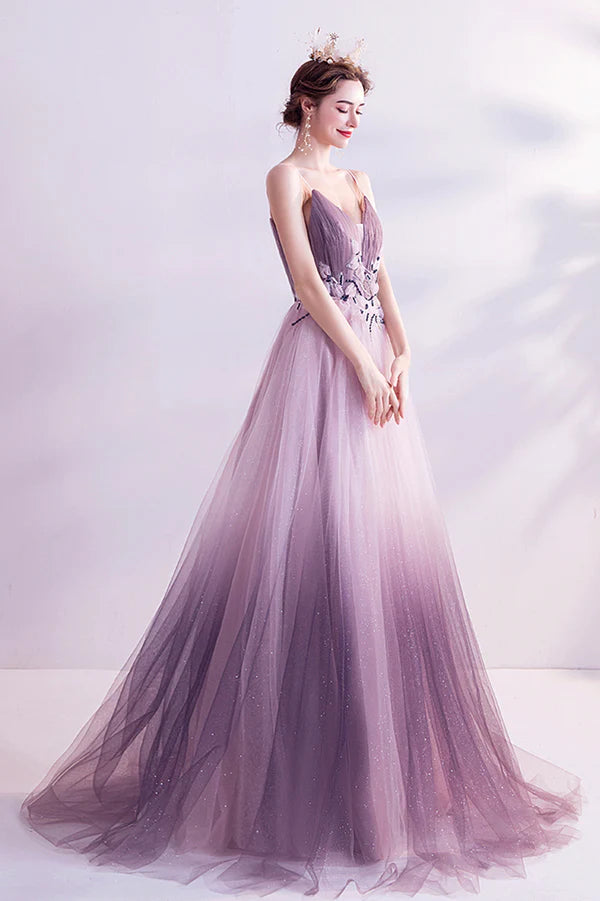 Purple V-Neck Gradient Tulle Long Prom Dress A-Line Evening Party Dress