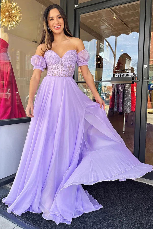 Lavender Chiffon Lace Long Prom Dress with Corset Beautiful Evening Party Dress