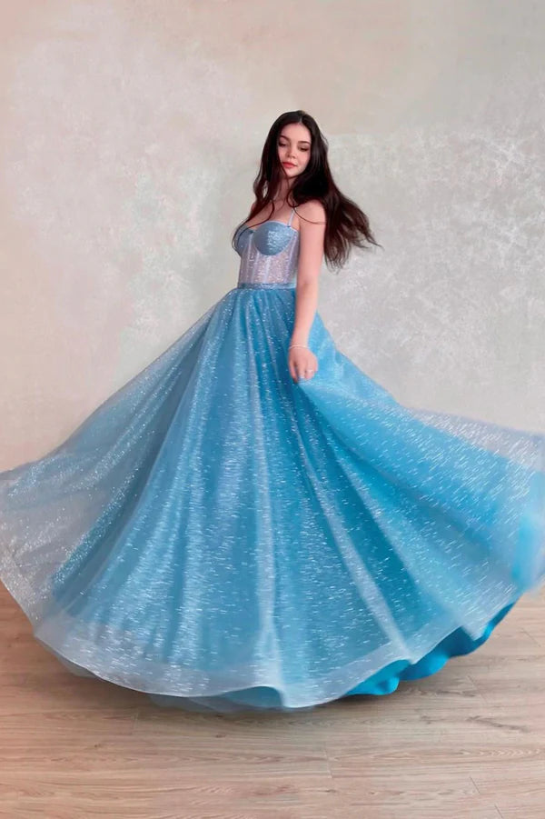 Blue Tulle Long A-Line Prom Dress Blue Lace-Up Evening Dress with Corset