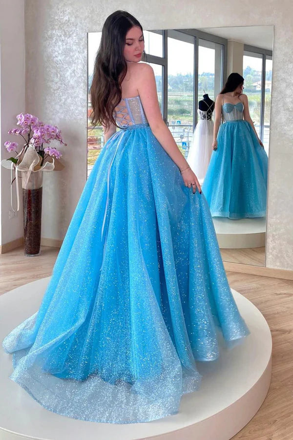 Blue Tulle Long A-Line Prom Dress Blue Lace-Up Evening Dress with Corset