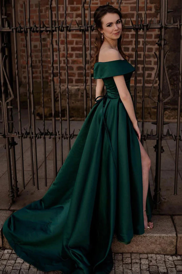 Green Satin Long A-Line Prom Dress Off the Shoulder Evening Dress with Slit