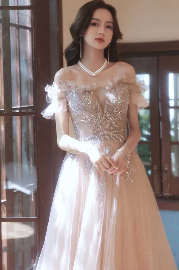 Off the Shoulder Tulle Beaded Long Prom Dress A-Line Evening Party Dress