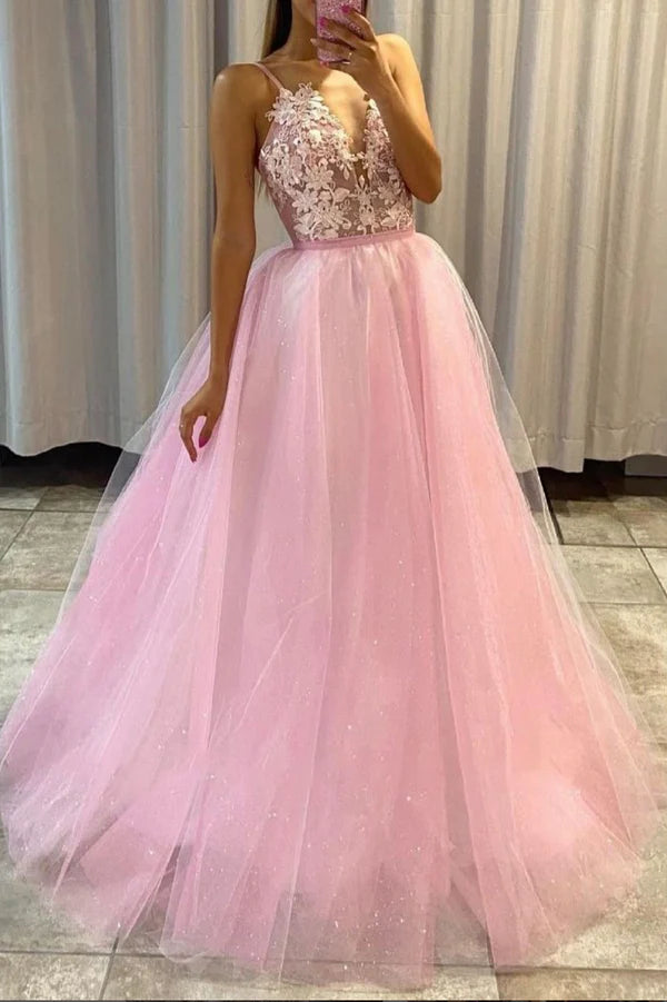 Pink A-Line Tulle Long Prom Dress with Lace Pink Spaghetti Straps Evening Dress