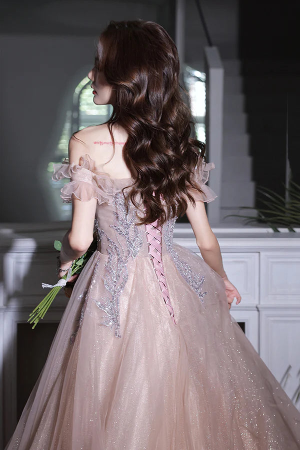 Off the Shoulder Tulle Beaded Long Prom Dress A-Line Evening Party Dress