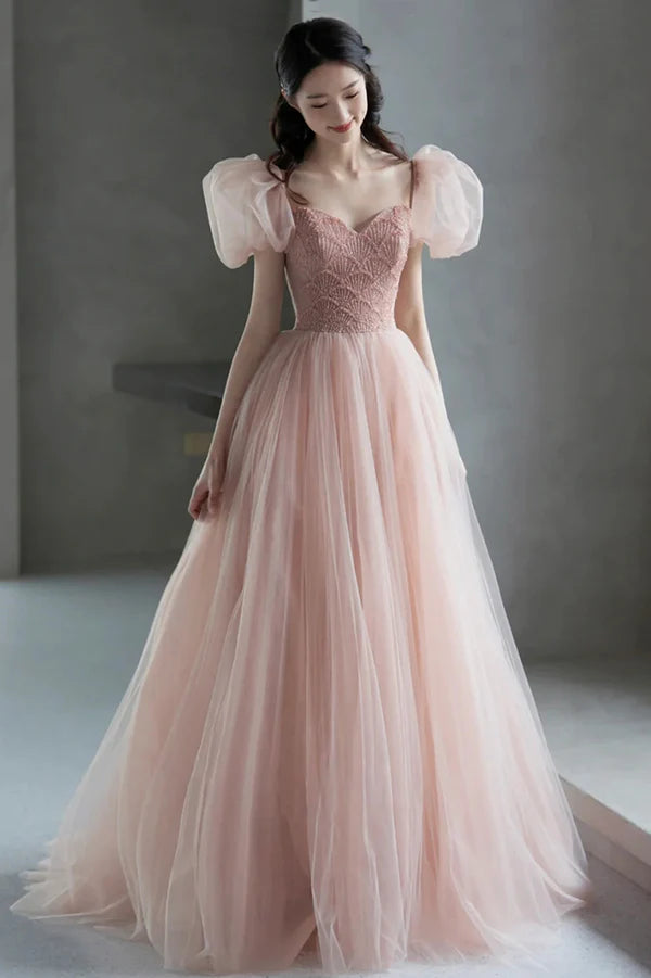 Pink Tulle Long A-Line Prom Dress with Beaded Lovely Puff Sleeve Evening Dress