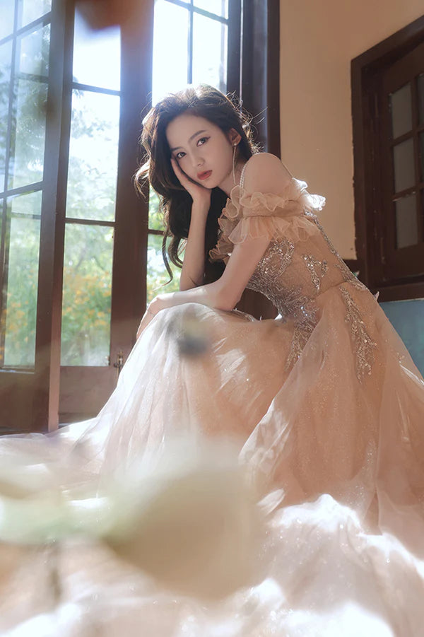 Off the Shoulder Tulle Beaded Long Prom Dress A-Line Evening Party Dress
