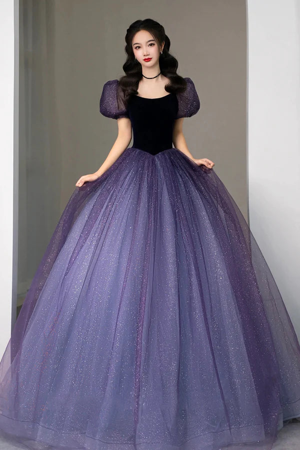 Purple Tulle Long Princess Dress Cute Short Sleeve Formal Evening Dress