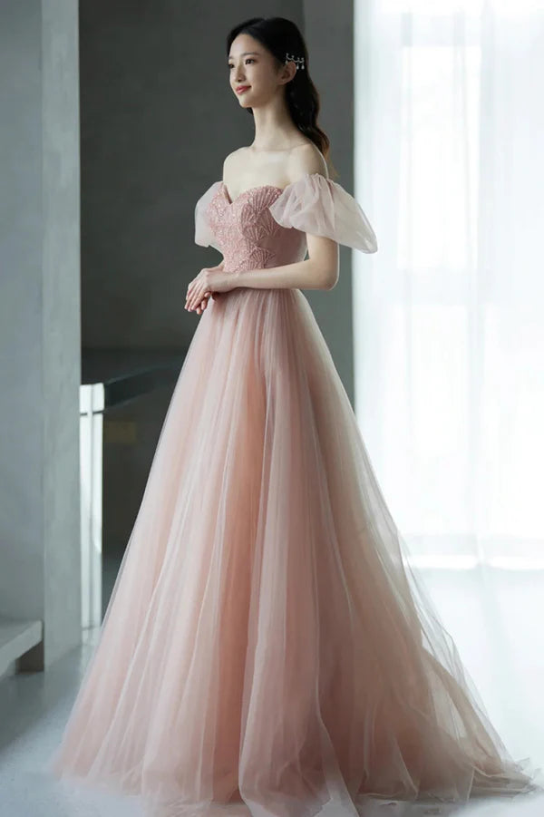 Pink Tulle Long A-Line Prom Dress with Beaded Lovely Puff Sleeve Evening Dress