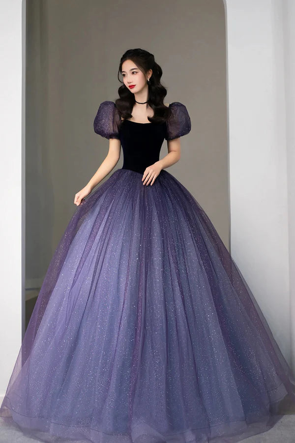 Purple Tulle Long Princess Dress Cute Short Sleeve Formal Evening Dress