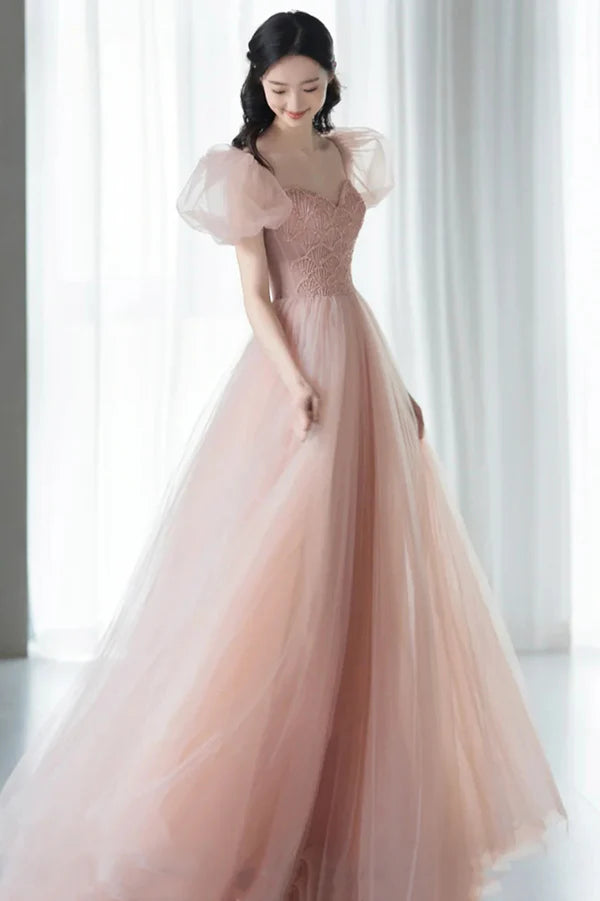 Pink Tulle Long A-Line Prom Dress with Beaded Lovely Puff Sleeve Evening Dress