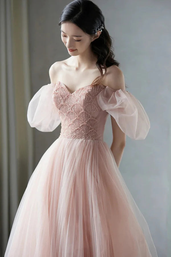 Pink Tulle Long A-Line Prom Dress with Beaded Lovely Puff Sleeve Evening Dress