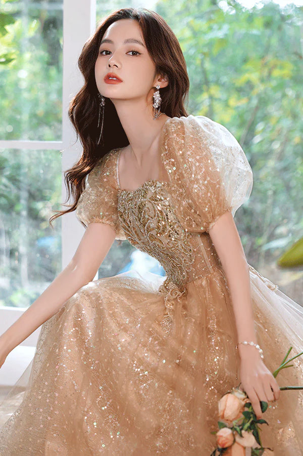 Shiny Tulle Sequins Long Prom Dress Champagne A-Line Evening Party Dress