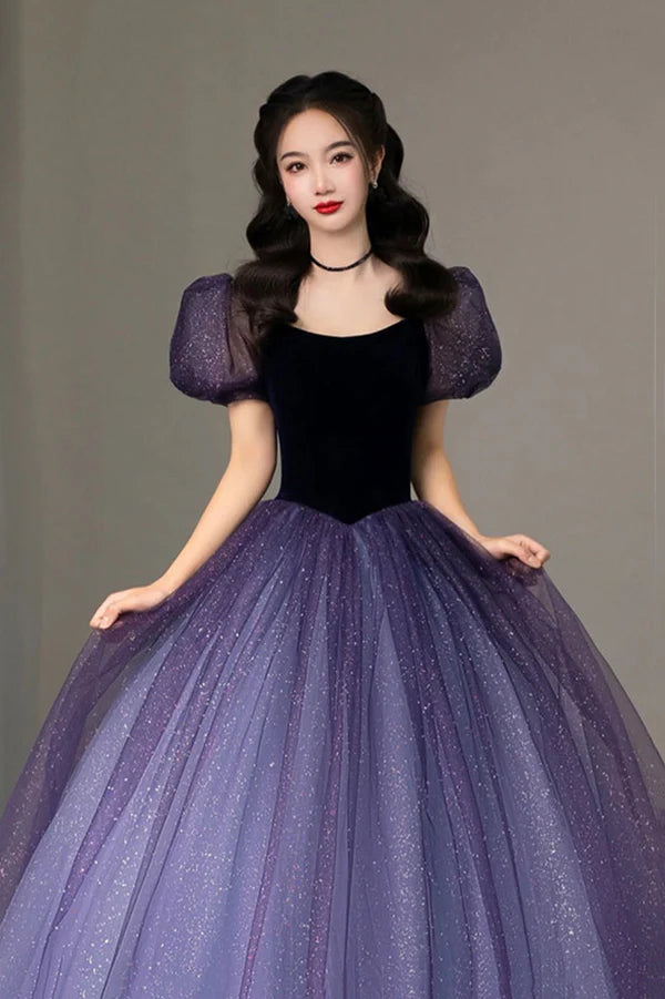 Purple Tulle Long Princess Dress Cute Short Sleeve Formal Evening Dress