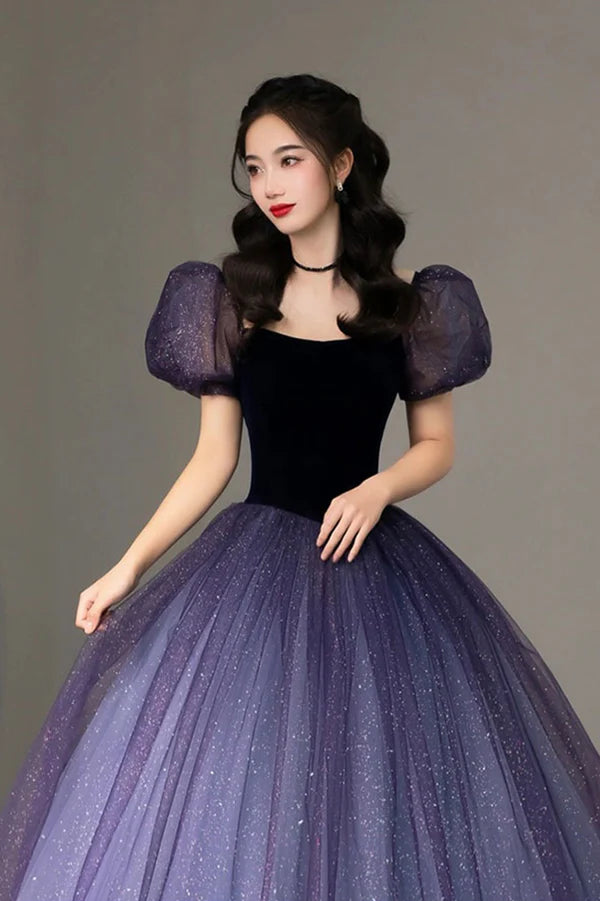 Purple Tulle Long Princess Dress Cute Short Sleeve Formal Evening Dress