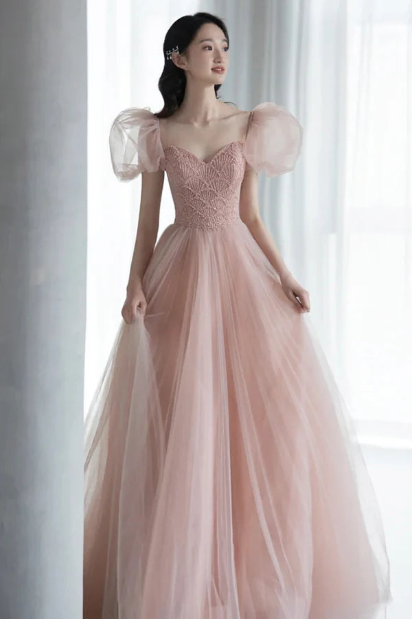 Pink Tulle Long A-Line Prom Dress with Beaded Lovely Puff Sleeve Evening Dress