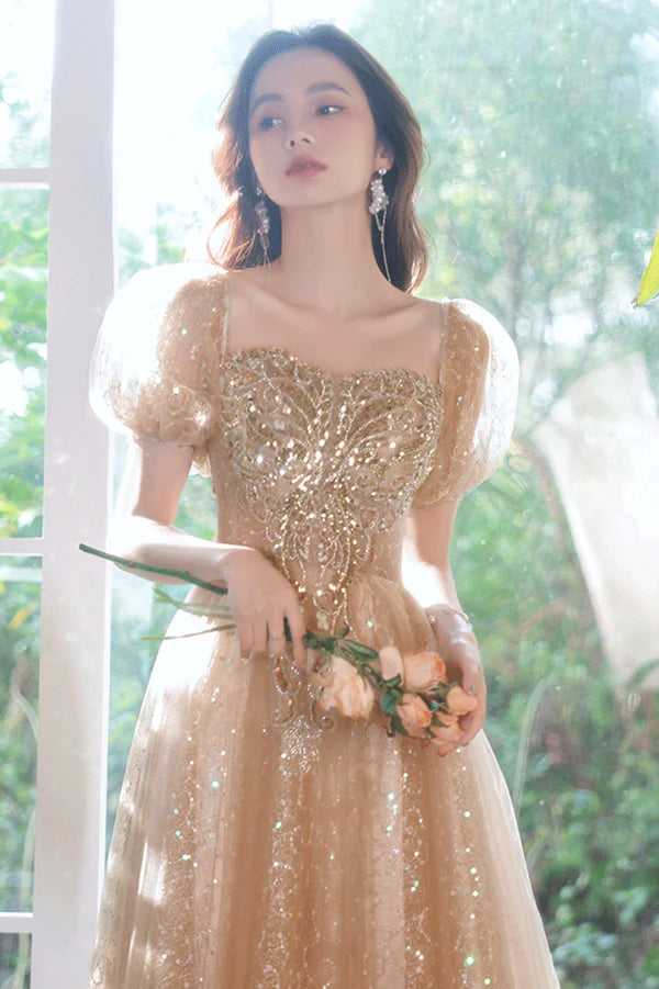 Shiny Tulle Sequins Long Prom Dress Champagne A-Line Evening Party Dress