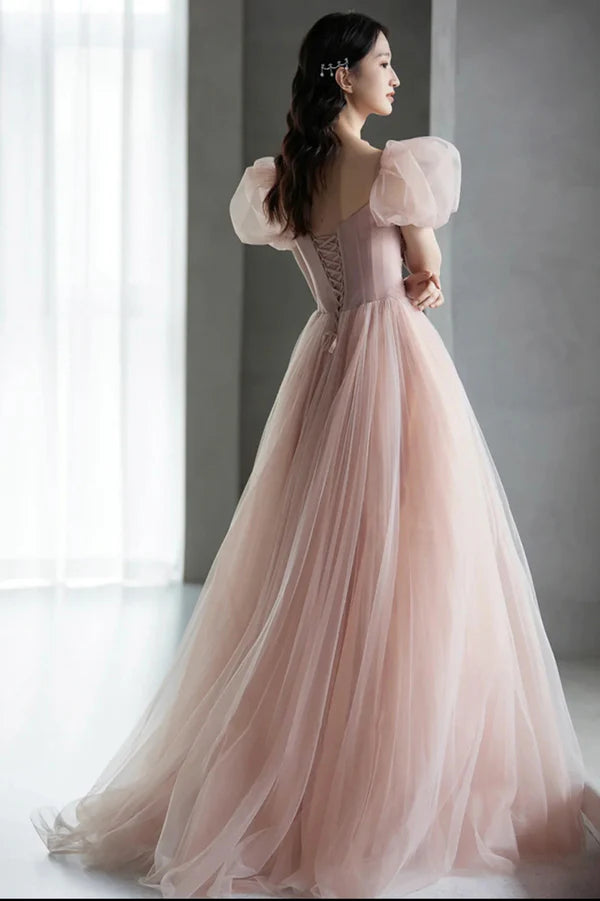 Pink Tulle Long A-Line Prom Dress with Beaded Lovely Puff Sleeve Evening Dress