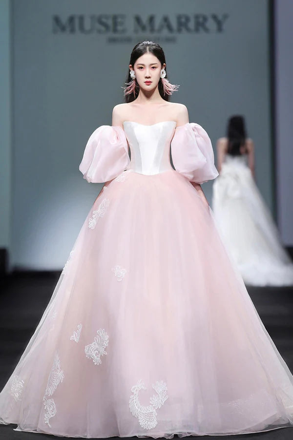 Pink Tulle Lace Long A-Line Princess Dress Cute Puff Sleeve Sweet 16 Dress