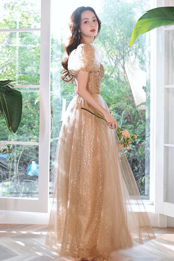 Shiny Tulle Sequins Long Prom Dress Champagne A-Line Evening Party Dress