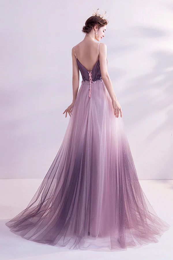 Purple V-Neck Gradient Tulle Long Prom Dress A-Line Evening Party Dress