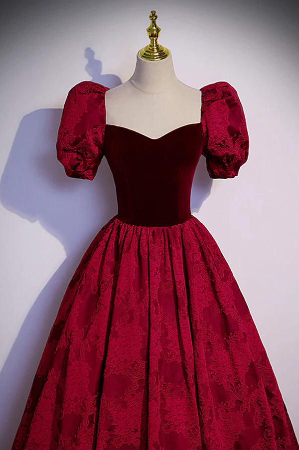 Burgundy Velvet Long A-Line Prom Dress Burgundy Short Sleeve Evening Dress
