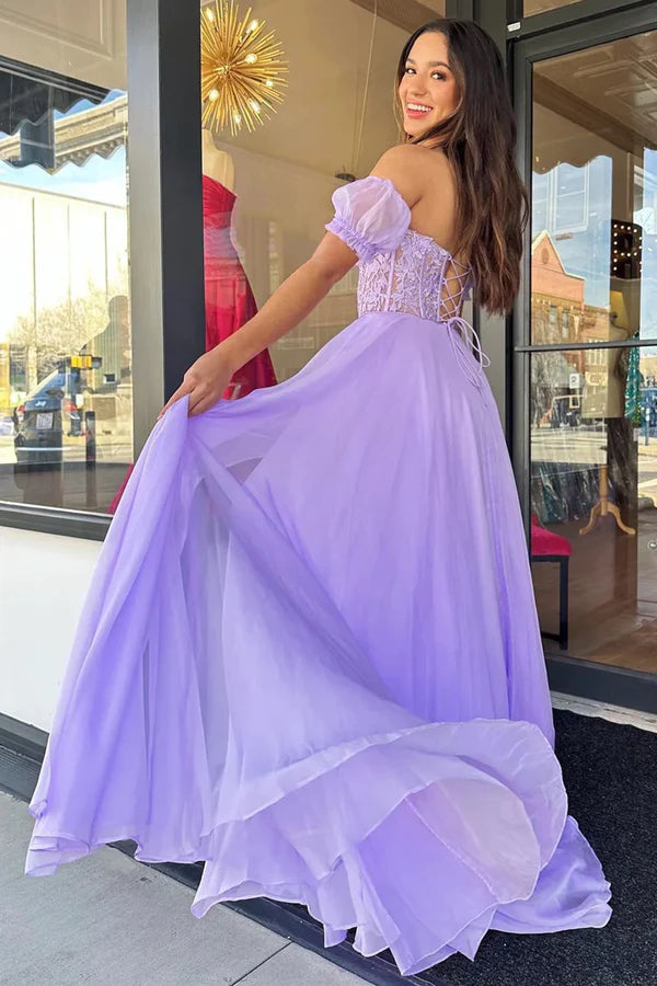 Lavender Chiffon Lace Long Prom Dress with Corset Beautiful Evening Party Dress