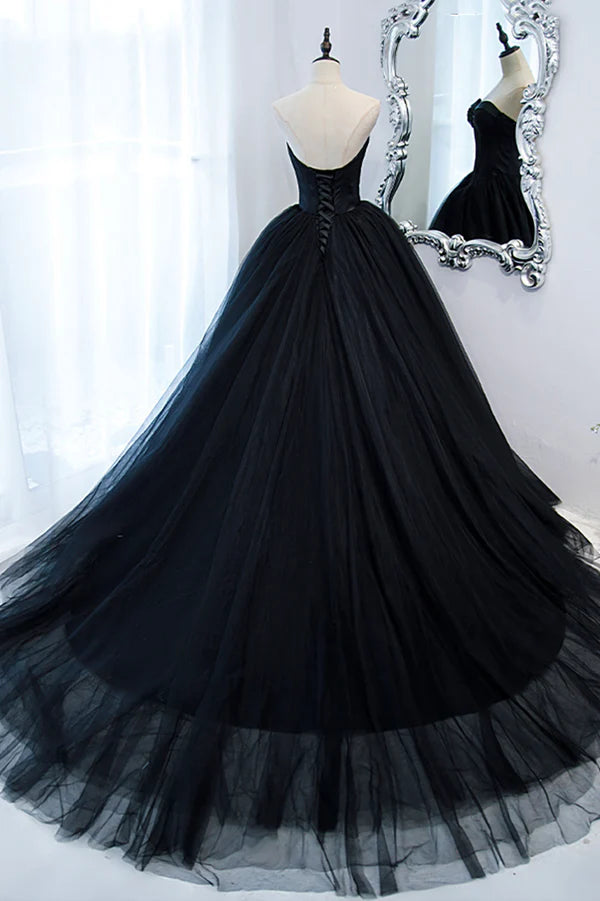 Black Strapless Tulle Long A-Line Prom Dress Black Formal Evening Gown