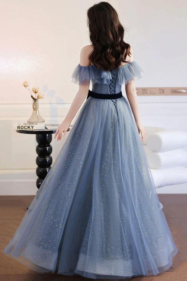 Blue Tulle Off Shoulder Long Formal Dress with Bow A-Line Evening Gown
