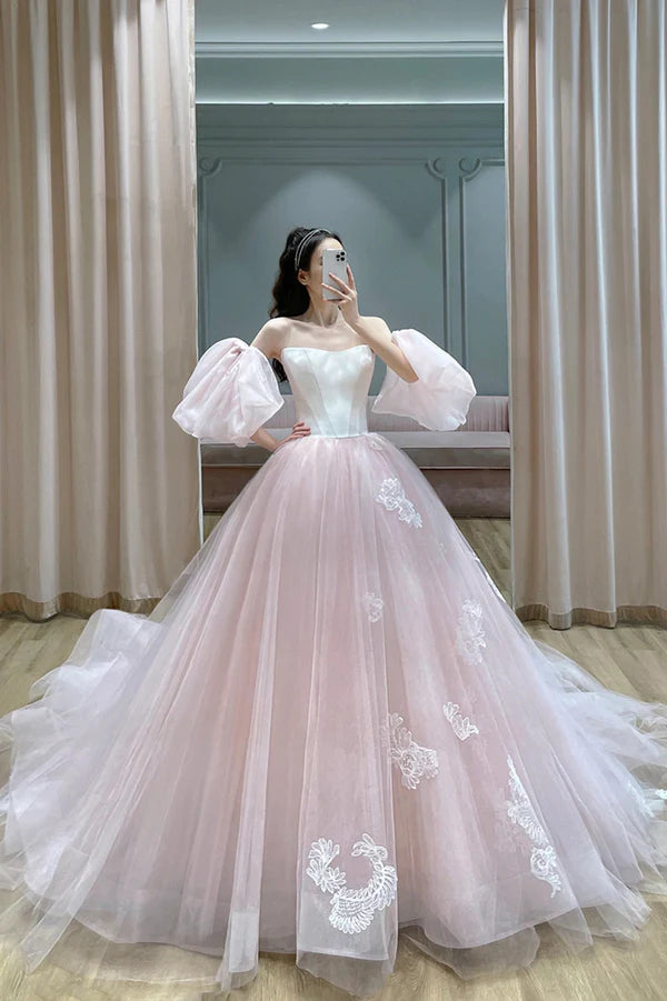 Pink Tulle Lace Long A-Line Princess Dress Cute Puff Sleeve Sweet 16 Dress