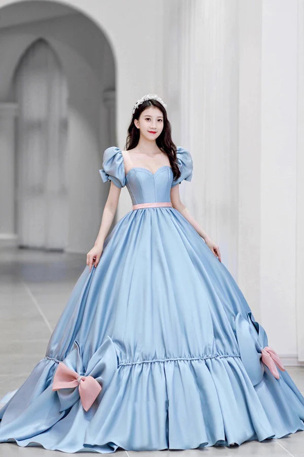 Blue Satin Long Princess Dress Cute Short Sleeve Ball Gown Sweet 16 Dress