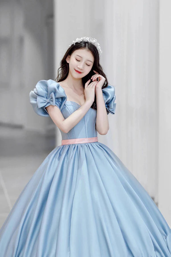 Blue Satin Long Princess Dress Cute Short Sleeve Ball Gown Sweet 16 Dress