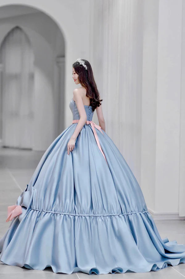 Blue Satin Long Princess Dress Cute Short Sleeve Ball Gown Sweet 16 Dress