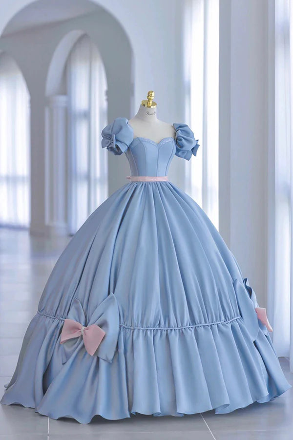 Blue Satin Long Princess Dress Cute Short Sleeve Ball Gown Sweet 16 Dress