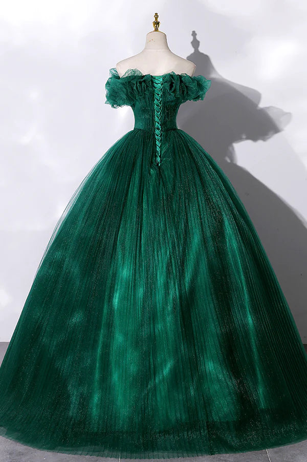Off the Shoulder Tulle Long Prom Dress Green A-Line Evening Graduation Dress