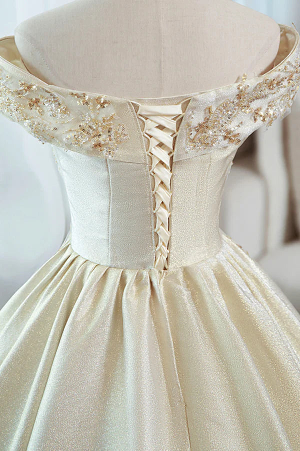 Champagne Satin Long Prom Dress with Beaded V-Neck Evening Party Dress