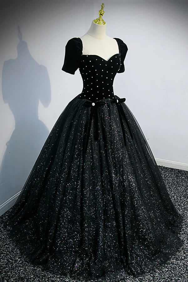 Black Velvet Tulle Long Ball Gown Black A-Line Formal Evening Gown