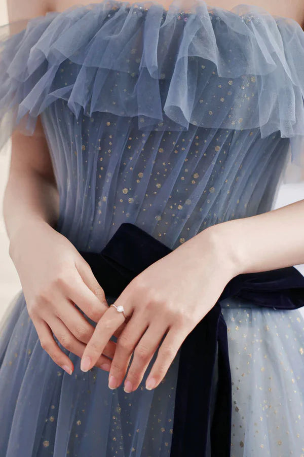 Blue Tulle Off Shoulder Long Formal Dress with Bow A-Line Evening Gown