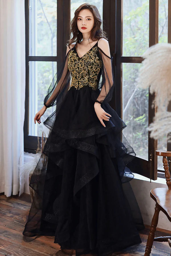 Black Spaghetti Strap Lace Long Prom Dress Black Evening Graduation Dress