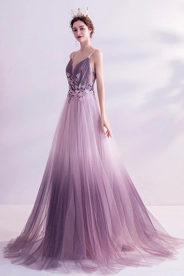 Purple V-Neck Gradient Tulle Long Prom Dress A-Line Evening Party Dress