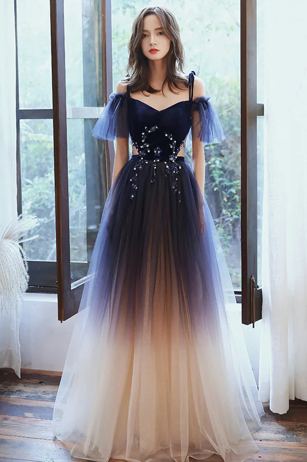 Beautiful Gradient Tulle Long Formal Dress Blue Velvet and Lace Evening Graduation Dress