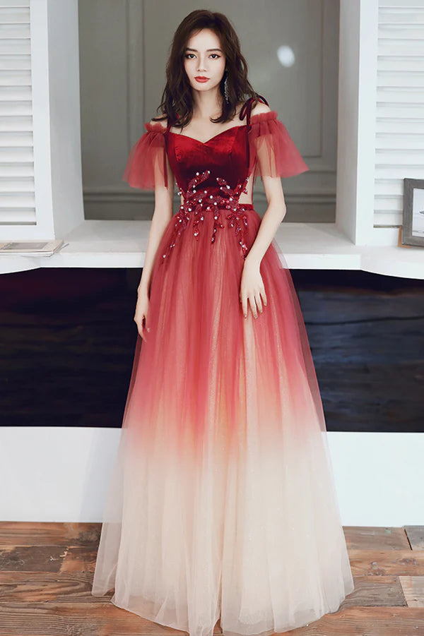Cute Gradient Tulle Long A-Line Prom Dress Burgundy Off the Shoulder Evening Dress